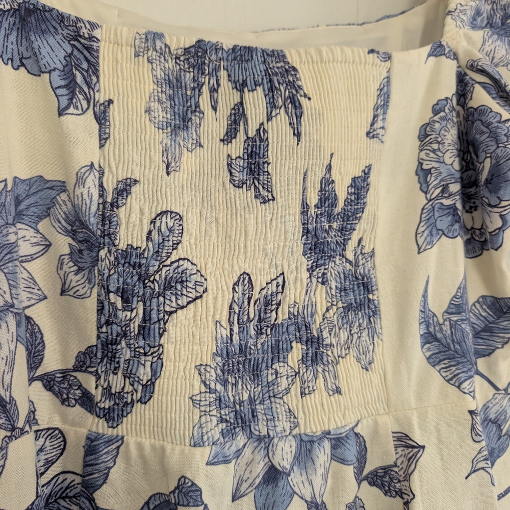 Floral Blue and White Women's Smocked Dress 14 - Picture 4 of 12